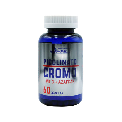 Frasco de suplemento FNL Picolinato de Cromo con Vitamina C y Azafrán, 60 cápsulas, en envase azul con tapa blanca y etiqueta plateada con letras en azul y rojo.