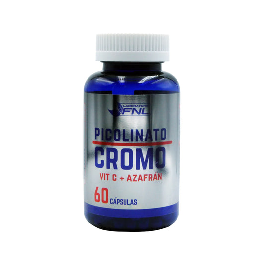 Frasco de suplemento FNL Picolinato de Cromo con Vitamina C y Azafrán, 60 cápsulas, en envase azul con tapa blanca y etiqueta plateada con letras en azul y rojo.