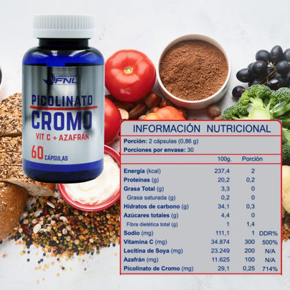 Frasco de suplemento FNL Picolinato de Cromo con Vitamina C y Azafrán, 60 cápsulas, acompañado de tabla nutricional que indica porción de 2 cápsulas (0,86 g) y componentes como Vitamina C, Lecitina de soya, Azafrán y Picolinato de cromo. Fondo con alimentos saludables como tomates, brócoli, uvas y granos.