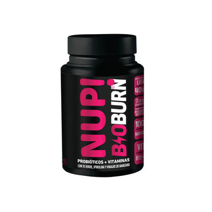 Frasco de suplemento NUP! B10 BURN, probióticos + vitaminas. Etiqueta negra con texto fucsia y blanco. Contiene 40 mil millones de UFC, 7 cepas compatibles, té verde, spirulina, vinagre de manzana y vitamina B12+.