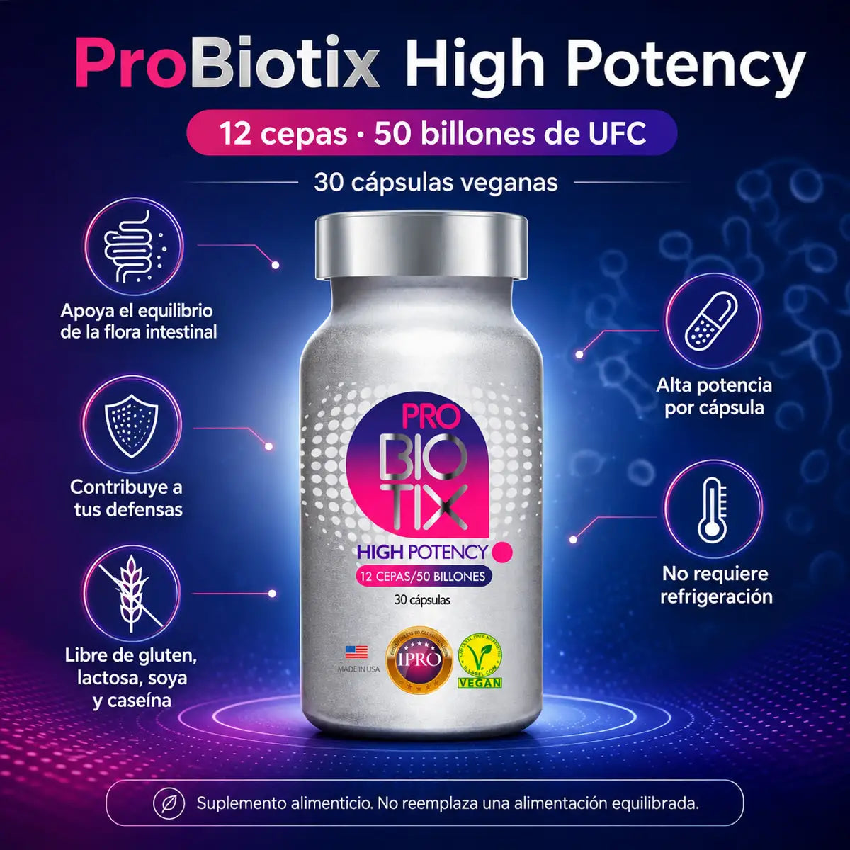 Infografía ProBiotix High Potency 12 cepas, 50 billones UFC, 30 cápsulas veganas sin gluten