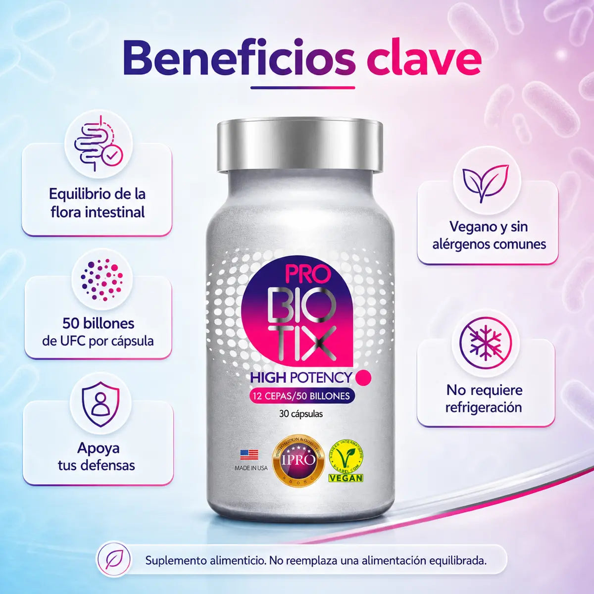 Infografía beneficios clave ProBiotix High Potency: flora intestinal, 50 billones UFC, vegano