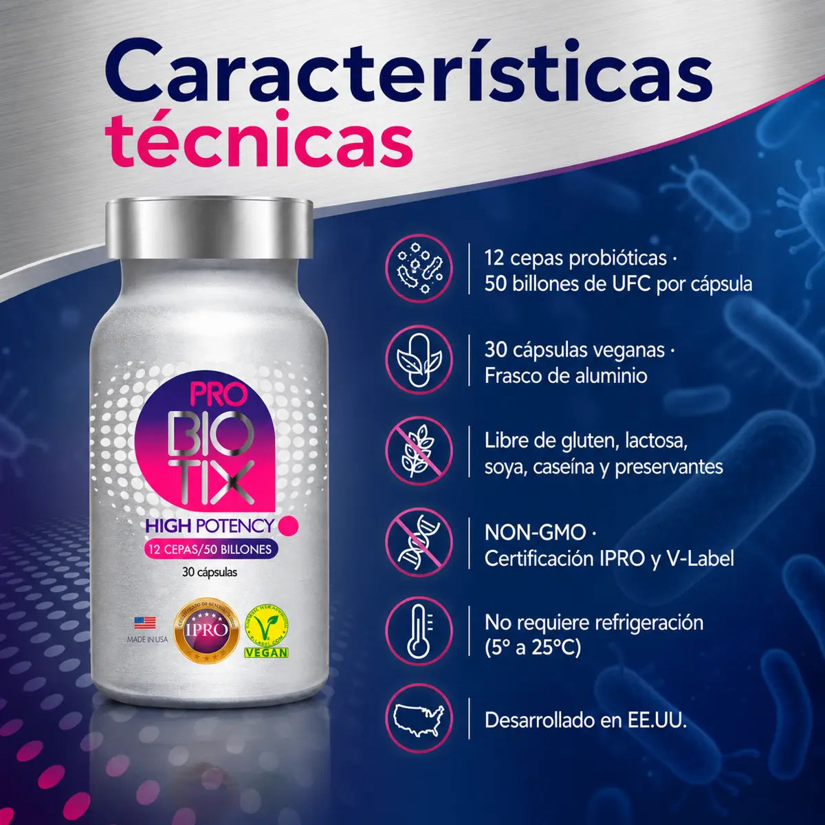 Infografía características técnicas ProBiotix High Potency: 12 cepas, 50 billones UFC, non-GMO, vegano