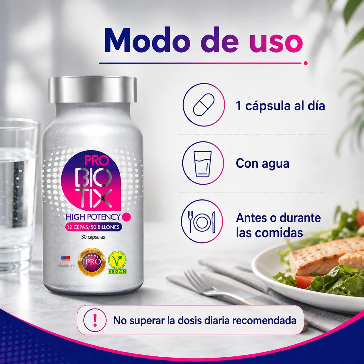 Infografía modo de uso ProBiotix High Potency: 1 cápsula al día con agua, antes o durante comidas