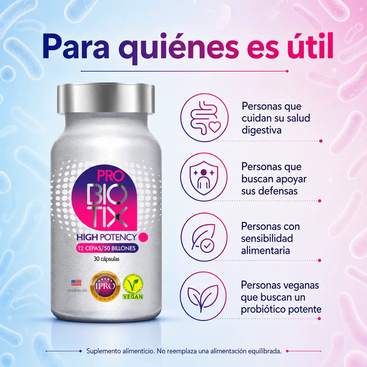Infografía para quién es útil ProBiotix High Potency: salud digestiva, defensas, veganos, sensibilidad
