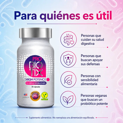 Infografía para quién es útil ProBiotix High Potency: salud digestiva, defensas, veganos, sensibilidad