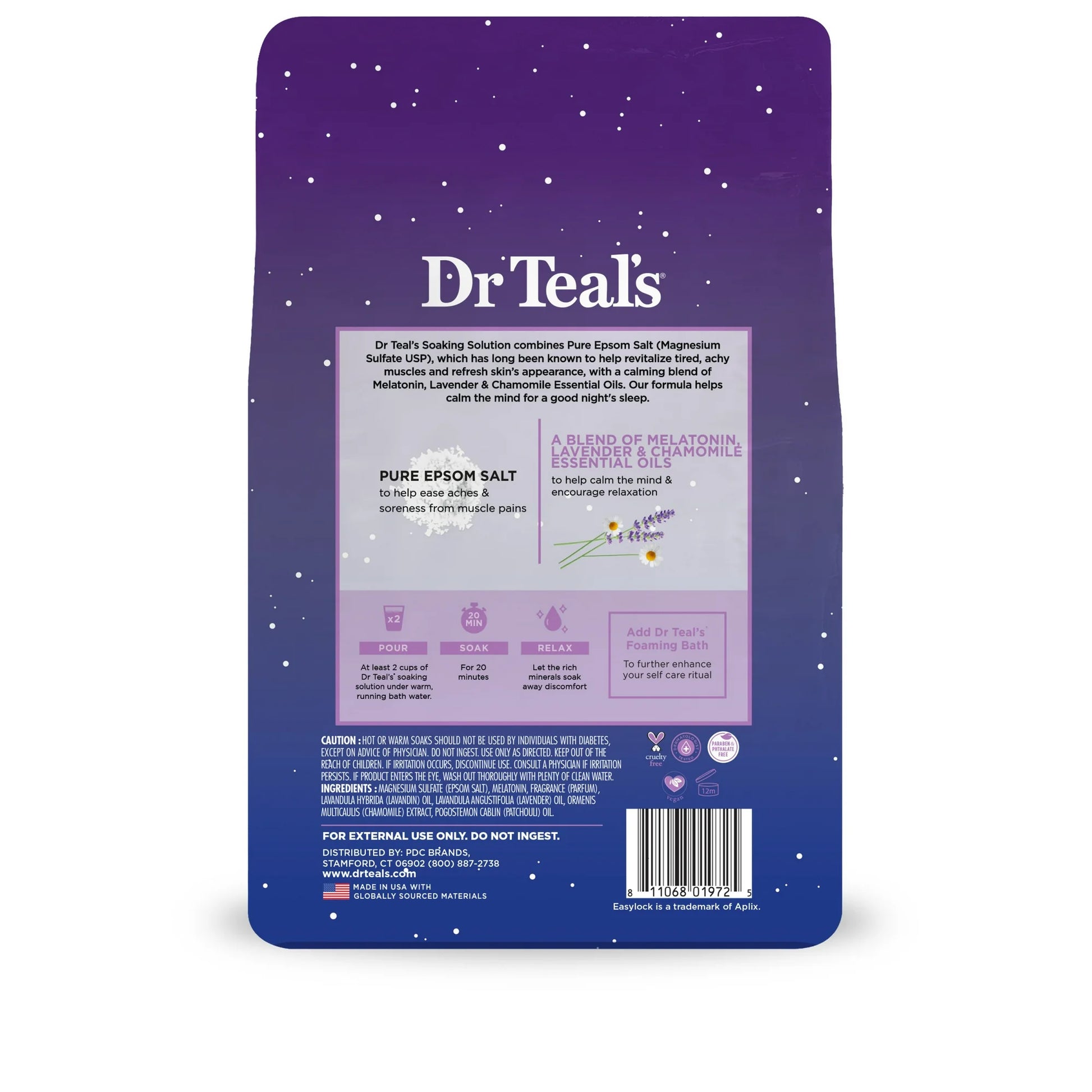 Imagen trasera del producto Dr Teal’s Pure Epsom Salt Sleep Soak – Parte posterior del empaque donde se detallan los ingredientes principales como melatonina, lavanda y manzanilla. También se incluyen instrucciones de uso, beneficios del producto y precau
