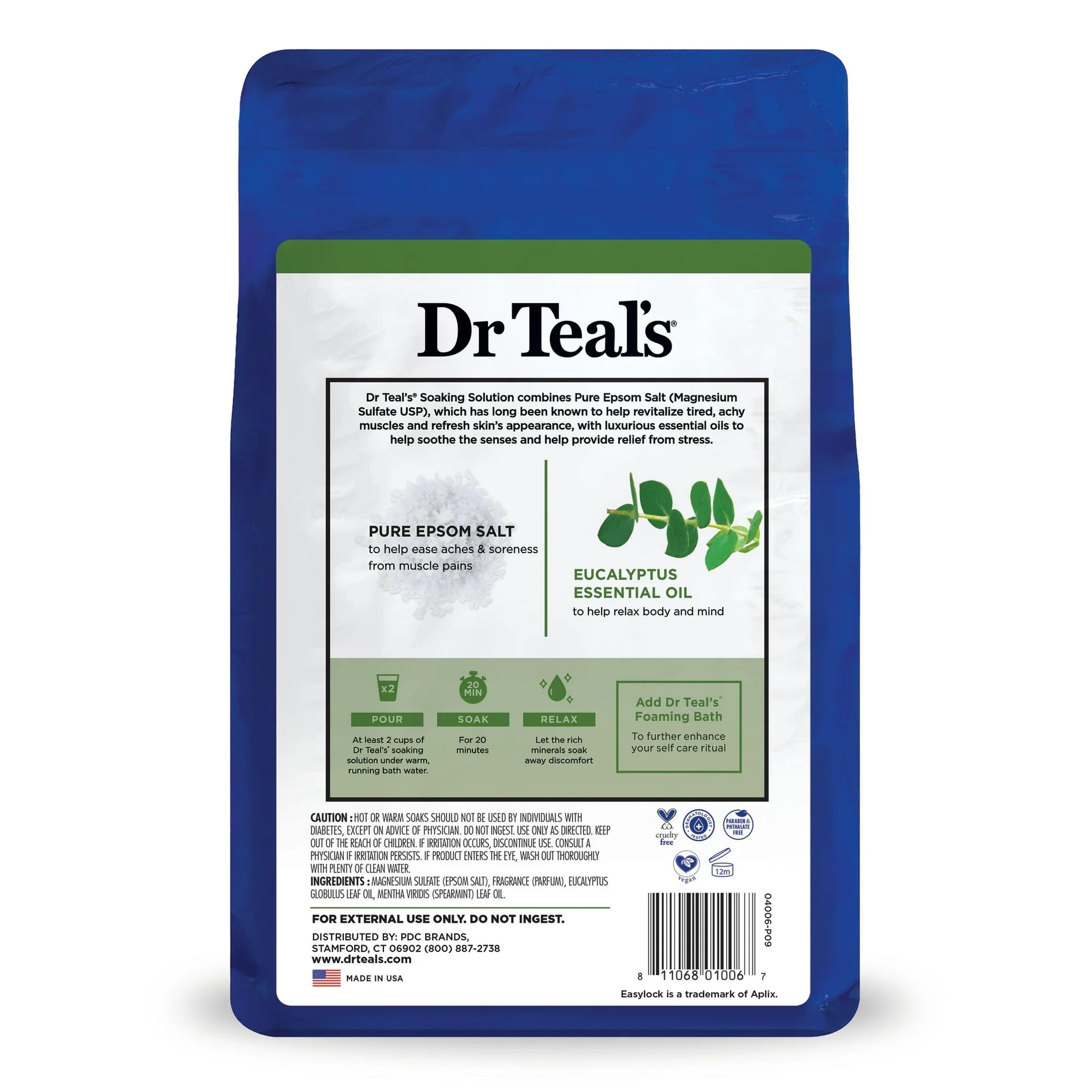 Dr Teal’s Pure Epsom Salt Soaking Solution Relax & Relief (parte trasera del empaque). Dr Teal’s Pure Epsom Salt Soaking Solution Relax & Relief con información sobre el uso del producto y sus beneficios.