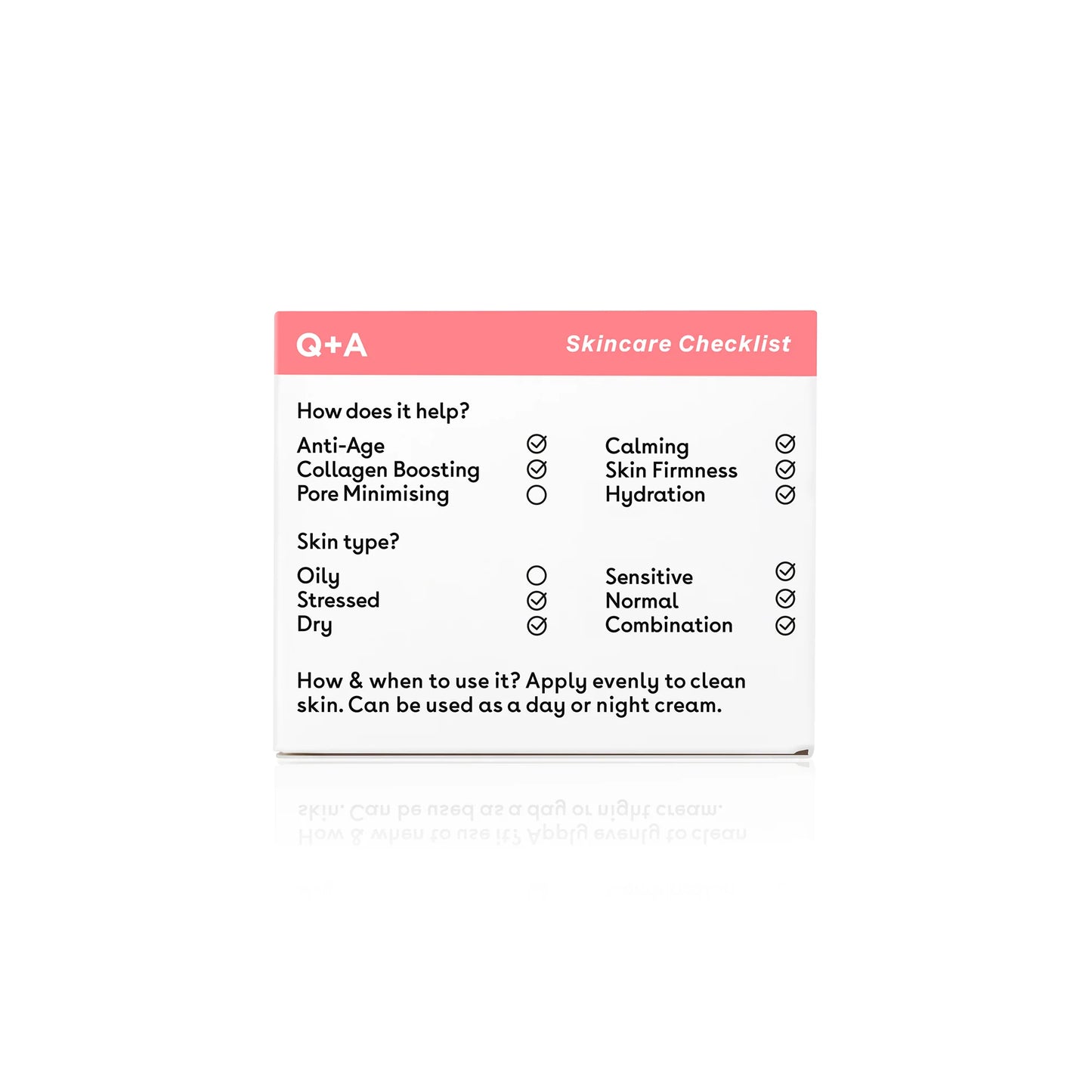 Lista de beneficios de la crema facial Q+A Collagen Anti-Age, mostrando sus propiedades anti-edad, hidratantes y reafirmantes. Apta para pieles secas, sensibles y mixtas.