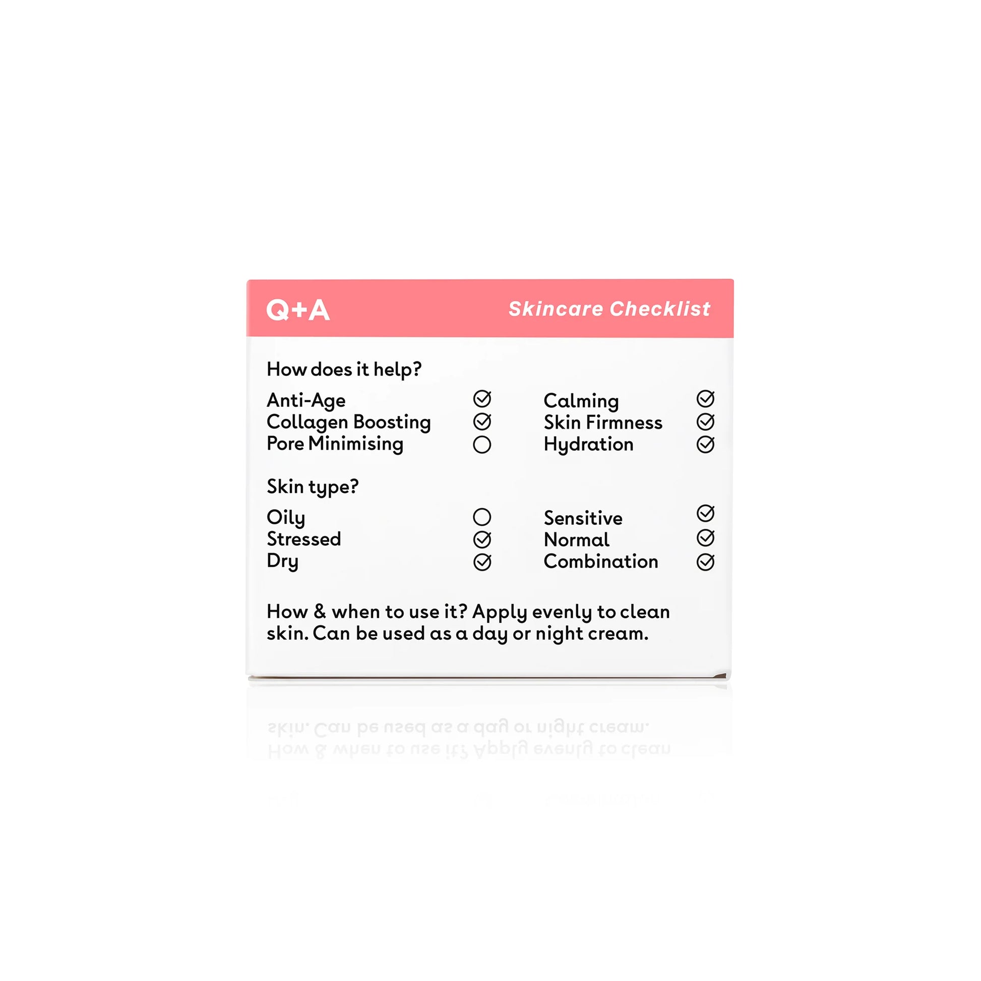 Lista de beneficios de la crema facial Q+A Collagen Anti-Age, mostrando sus propiedades anti-edad, hidratantes y reafirmantes. Apta para pieles secas, sensibles y mixtas.