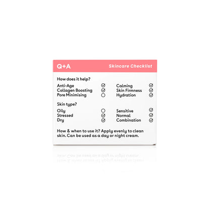 Lista de beneficios de la crema facial Q+A Collagen Anti-Age, mostrando sus propiedades anti-edad, hidratantes y reafirmantes. Apta para pieles secas, sensibles y mixtas.