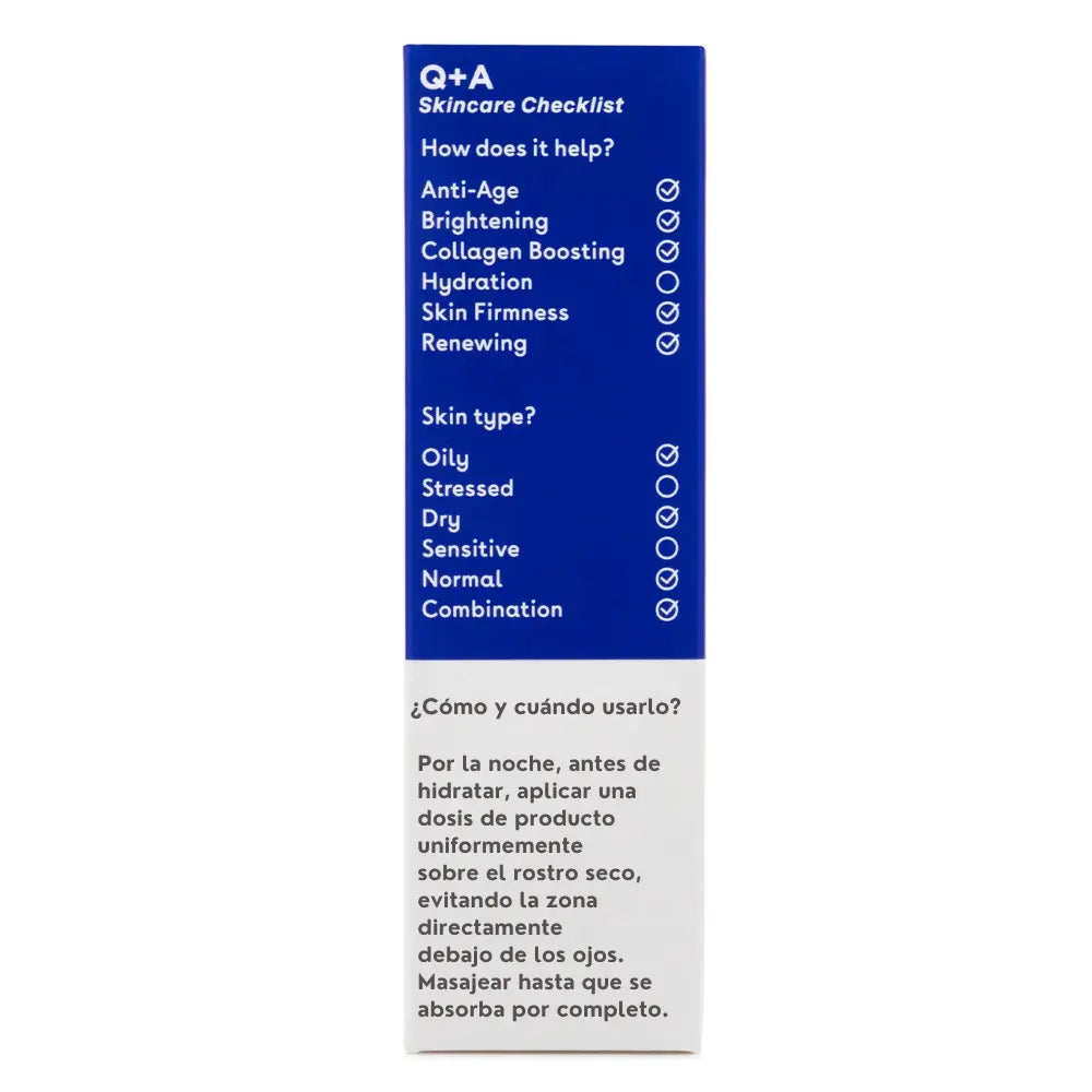 Lista de beneficios del sérum Q+A Retinol, incluyendo su acción anti-edad, iluminadora y reafirmante. Apto para pieles secas, sensibles y mixtas.