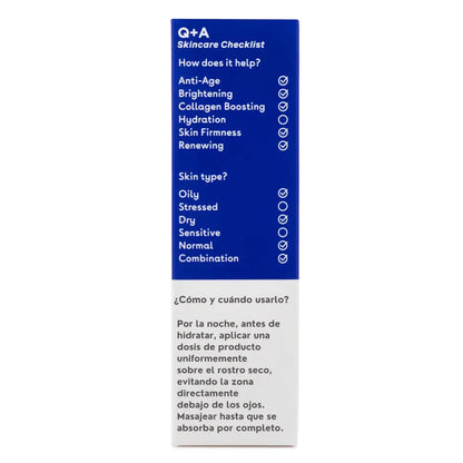 Lista de beneficios del sérum Q+A Retinol, incluyendo su acción anti-edad, iluminadora y reafirmante. Apto para pieles secas, sensibles y mixtas.