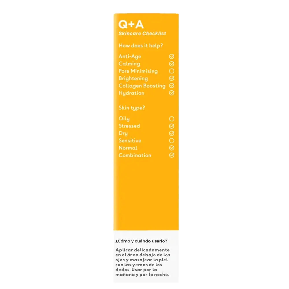  Lateral de la caja de la crema para ojos con vitamina C de Q+A, donde se detallan sus beneficios para la piel, incluyendo su acción antiedad, calmante, iluminadora y potenciadora de colágeno. También se indica su compatibilidad con distintos tipos de pie