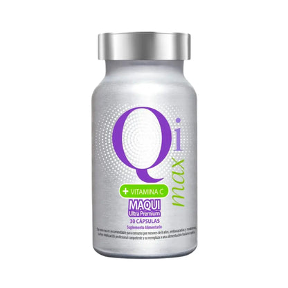 Frasco plateado de suplemento alimentario Qi Max con 30 cápsulas de Maqui Ultra Premium y vitamina C. Etiqueta moderna con letras moradas y verdes. Indicado para fortalecer el sistema inmune con propiedades antioxidantes. No recomendado para menores de 8 años, embarazadas o nodrizas sin supervisión médica.