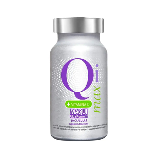 Frasco plateado de suplemento alimentario Qi Max con 30 cápsulas de Maqui Ultra Premium y vitamina C. Etiqueta moderna con letras moradas y verdes. Indicado para fortalecer el sistema inmune con propiedades antioxidantes. No recomendado para menores de 8 años, embarazadas o nodrizas sin supervisión médica.