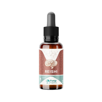Frasco ámbar con gotero de extracto líquido de Reishi de la marca Fungi Pharma, 30 ml. Etiqueta de tono rojizo con diseño geométrico y dibujo del hongo Ganoderma lucidum. Suplemento natural reconocido por su apoyo al sistema inmunológico y efecto adaptógeno. Envase práctico con dispensador para dosificación precisa.