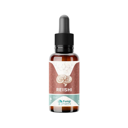 Frasco ámbar con gotero de extracto líquido de Reishi de la marca Fungi Pharma, 30 ml. Etiqueta de tono rojizo con diseño geométrico y dibujo del hongo Ganoderma lucidum. Suplemento natural reconocido por su apoyo al sistema inmunológico y efecto adaptógeno. Envase práctico con dispensador para dosificación precisa.