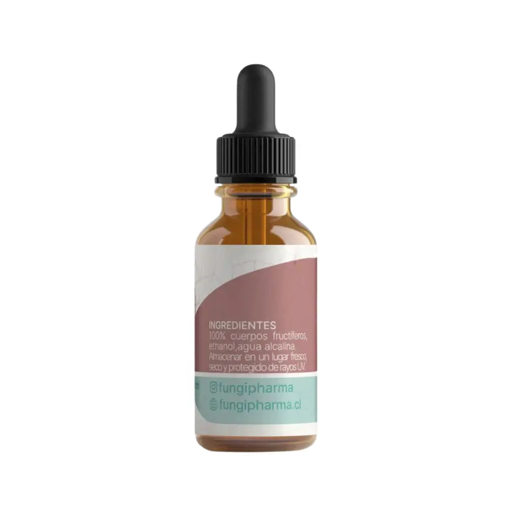 Vista posterior del frasco de extracto de Reishi de Fungi Pharma, mostrando ingredientes: 100% cuerpos fructíferos, etanol y agua alcalina. El envase es de vidrio ámbar con etiqueta en tonos marrón y celeste, y gotero negro. Se indican también redes sociales y recomendaciones de almacenamiento. Ideal para usuarios interesados en suplementos naturales.