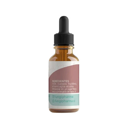 Vista posterior del frasco de extracto de Reishi de Fungi Pharma, mostrando ingredientes: 100% cuerpos fructíferos, etanol y agua alcalina. El envase es de vidrio ámbar con etiqueta en tonos marrón y celeste, y gotero negro. Se indican también redes sociales y recomendaciones de almacenamiento. Ideal para usuarios interesados en suplementos naturales.