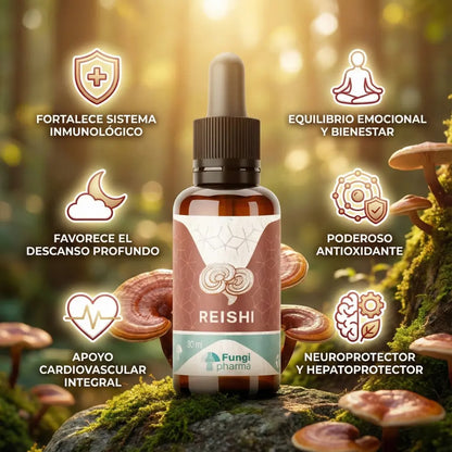 Infografía de Extracto de Reishi de Fungi Pharma en gotero, suplemento natural que fortalece el sistema inmune, mejora el descanso, la salud emocional, cardiovascular y ofrece acción antioxidante.