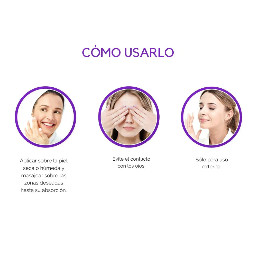Guía de uso del suero facial con bakuchiol mostrando los pasos recomendados: aplicar sobre piel seca o húmeda, evitar el contacto con los ojos y usar solo de forma externa.