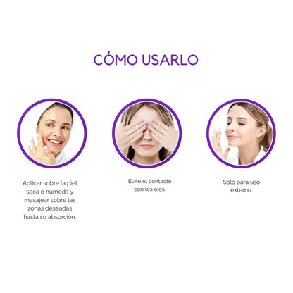 Guía de uso del suero facial con bakuchiol mostrando los pasos recomendados: aplicar sobre piel seca o húmeda, evitar el contacto con los ojos y usar solo de forma externa.