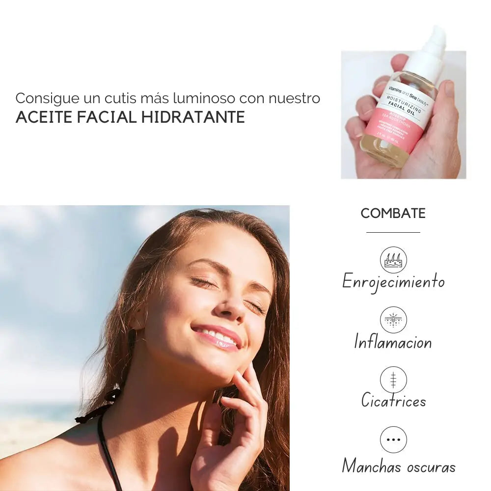 Aceite facial hidratante con espino amarillo y rosa mosqueta para una piel radiante, reduciendo rojeces y cicatrices.