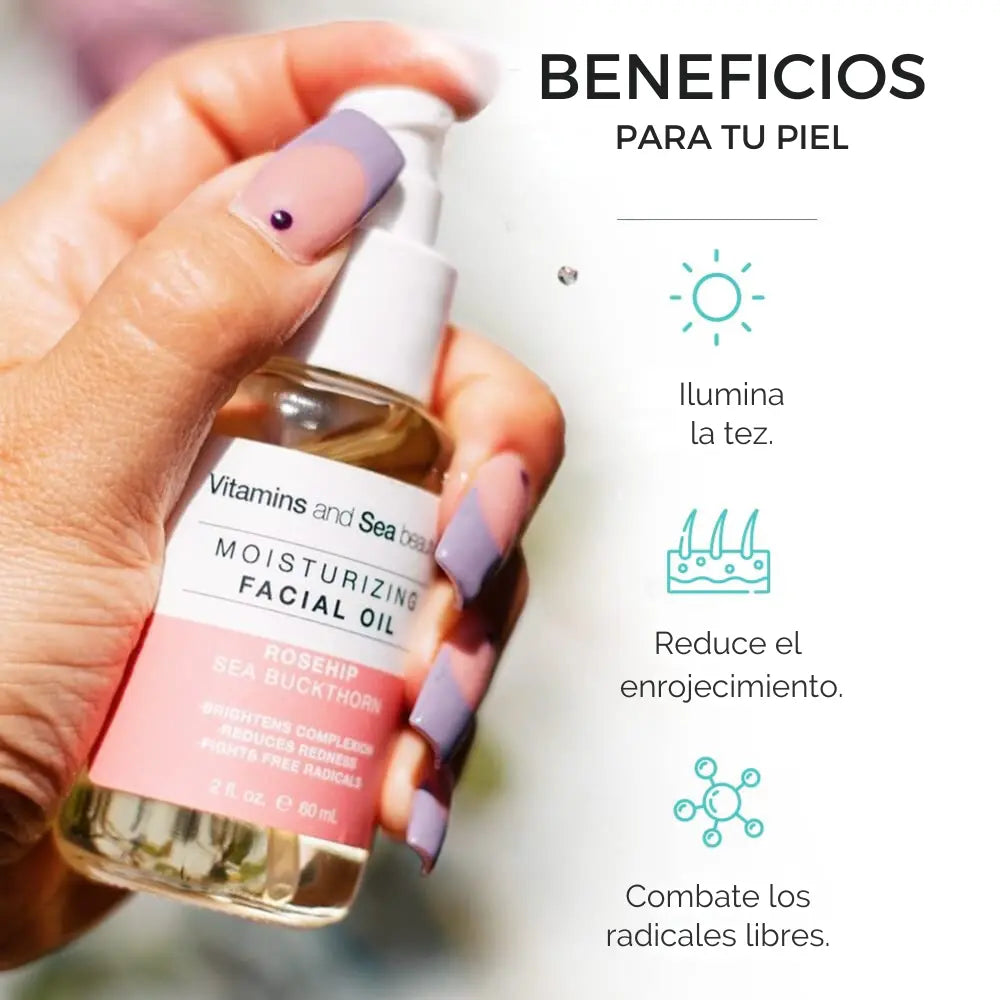 Aceite Facial Hidratante de Espino Amarillo y Rosa Mosqueta que destaca los beneficios para la piel: luminosidad, reducción de rojeces y protección contra los radicales libres.