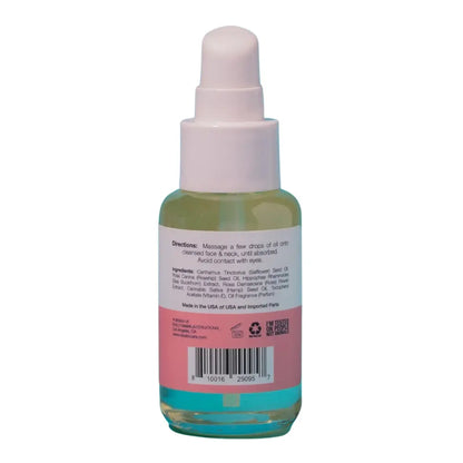 Botella de aceite facial hidratante de espino amarillo y rosa mosqueta con instrucciones e ingredientes en la contraetiqueta.