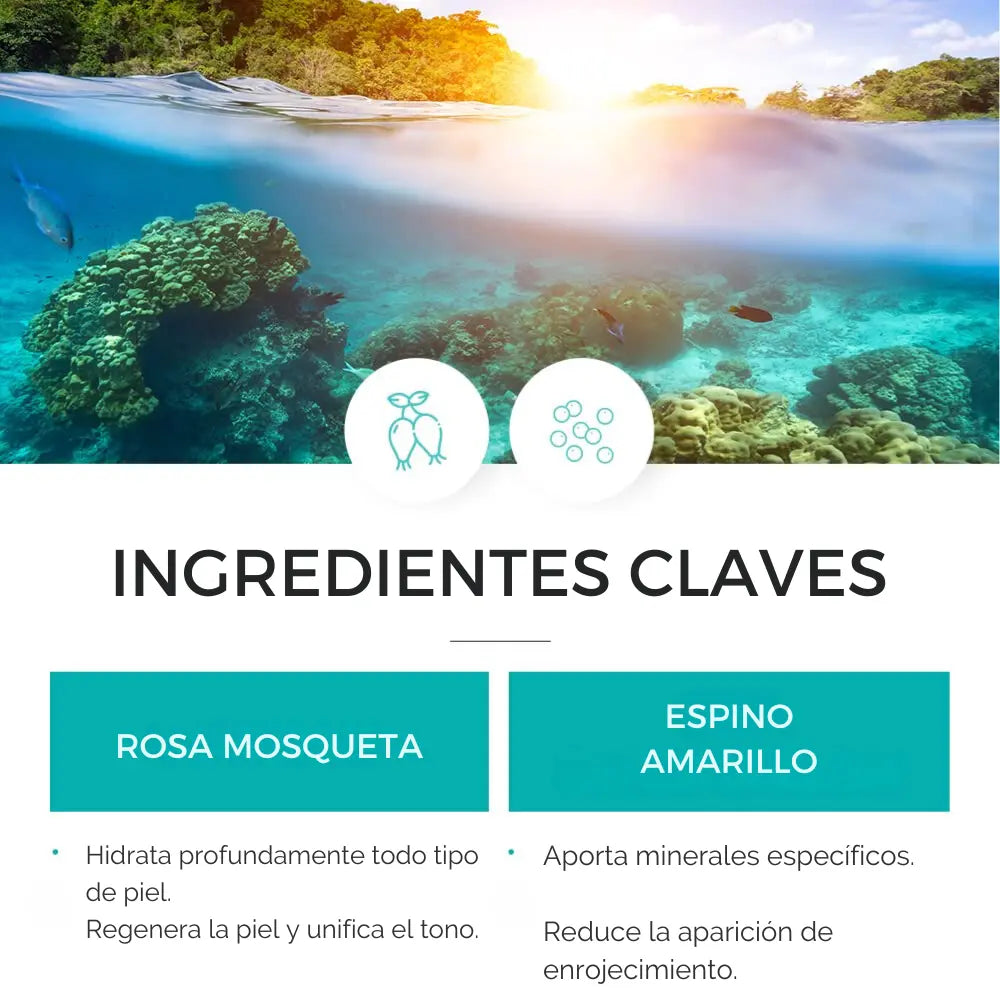 Ingredientes claves: Rosa Mosqueta para hidratación y Espino Amarillo con beneficios anti-enrojecimiento.