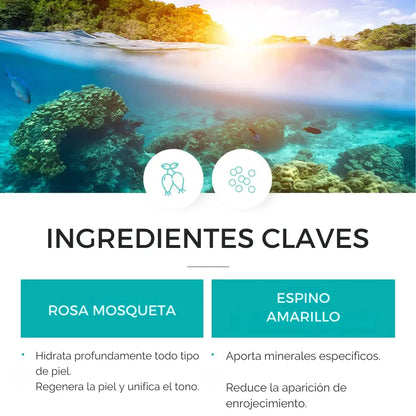 Ingredientes claves: Rosa Mosqueta para hidratación y Espino Amarillo con beneficios anti-enrojecimiento.