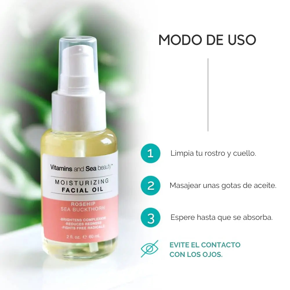 Aceite facial hidratante de espino amarillo y rosa mosqueta con instrucciones o modo de uso para una piel radiante.