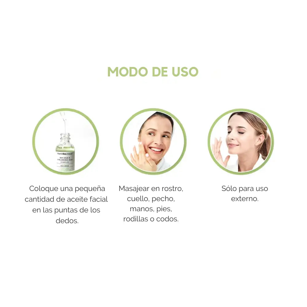 Instrucciones de uso del aceite facial: aplicación en rostro y cuerpo para hidratación.