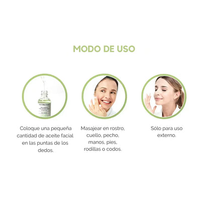Instrucciones de uso del aceite facial: aplicación en rostro y cuerpo para hidratación.