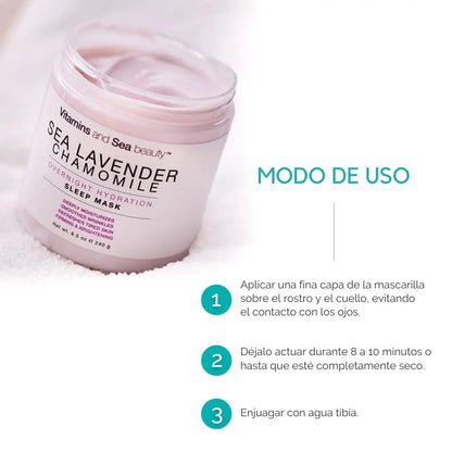Instrucciones de uso del antifaz para dormir Sea Lavender Chamomile para una hidratación nocturna y beneficios para el cuidado de la piel.