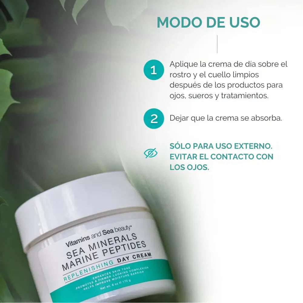 Instrucciones de uso para la crema de día Sea Minerals & Marine Peptides, aplicarla en rostro limpio y dejar absorber.