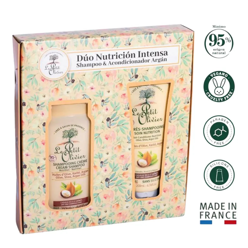 Pack Le Petit Olivier con shampoo y acondicionador nutritivos de argán, en caja floral con sellos vegano y natural