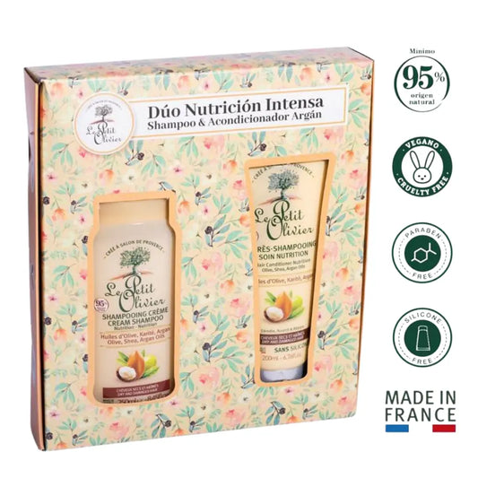 Pack Le Petit Olivier con shampoo y acondicionador nutritivos de argán, en caja floral con sellos vegano y natural