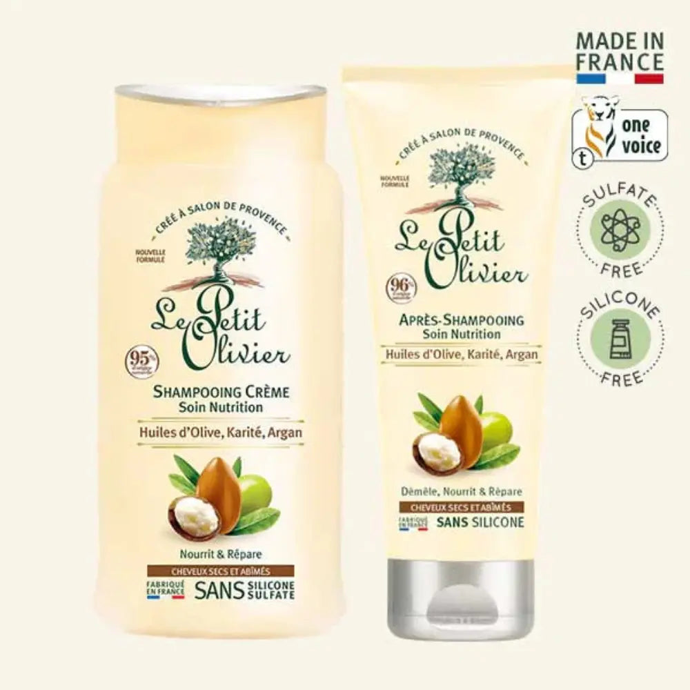 Shampoo y acondicionador Le Petit Olivier con aceites de oliva, karité y argán, fórmula vegana sin sulfatos ni siliconas