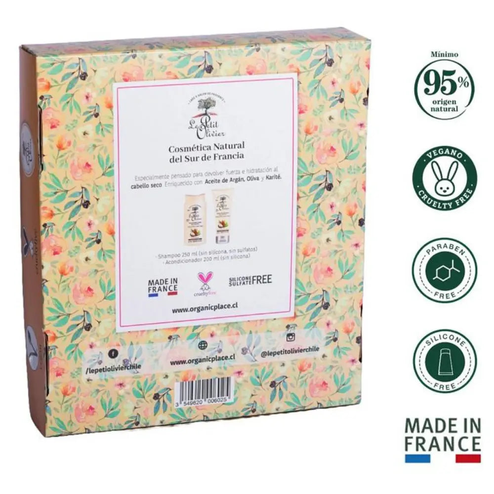 Vista posterior del set Le Petit Olivier para cabello seco, con aceites de argán, oliva y karité, fórmula natural y libre de siliconas