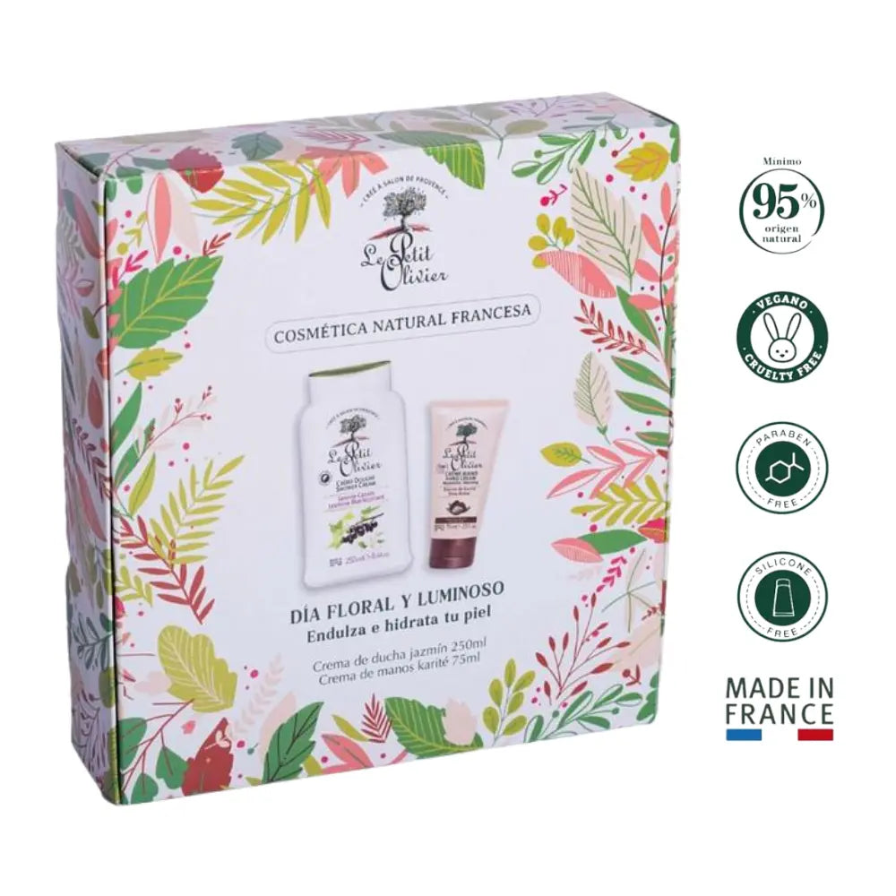 Set Le Petit Olivier con crema de ducha de jazmín y crema de manos karité, en caja floral con sello vegano y hecho en Francia