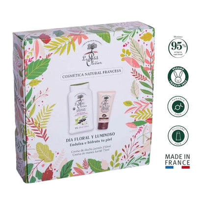 Set Le Petit Olivier con crema de ducha de jazmín y crema de manos karité, en caja floral con sello vegano y hecho en Francia