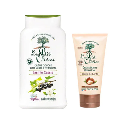 Set Le Petit Olivier con crema de ducha Jazmín-Cassis 250ml y crema de manos reparadora con karité para piel muy seca