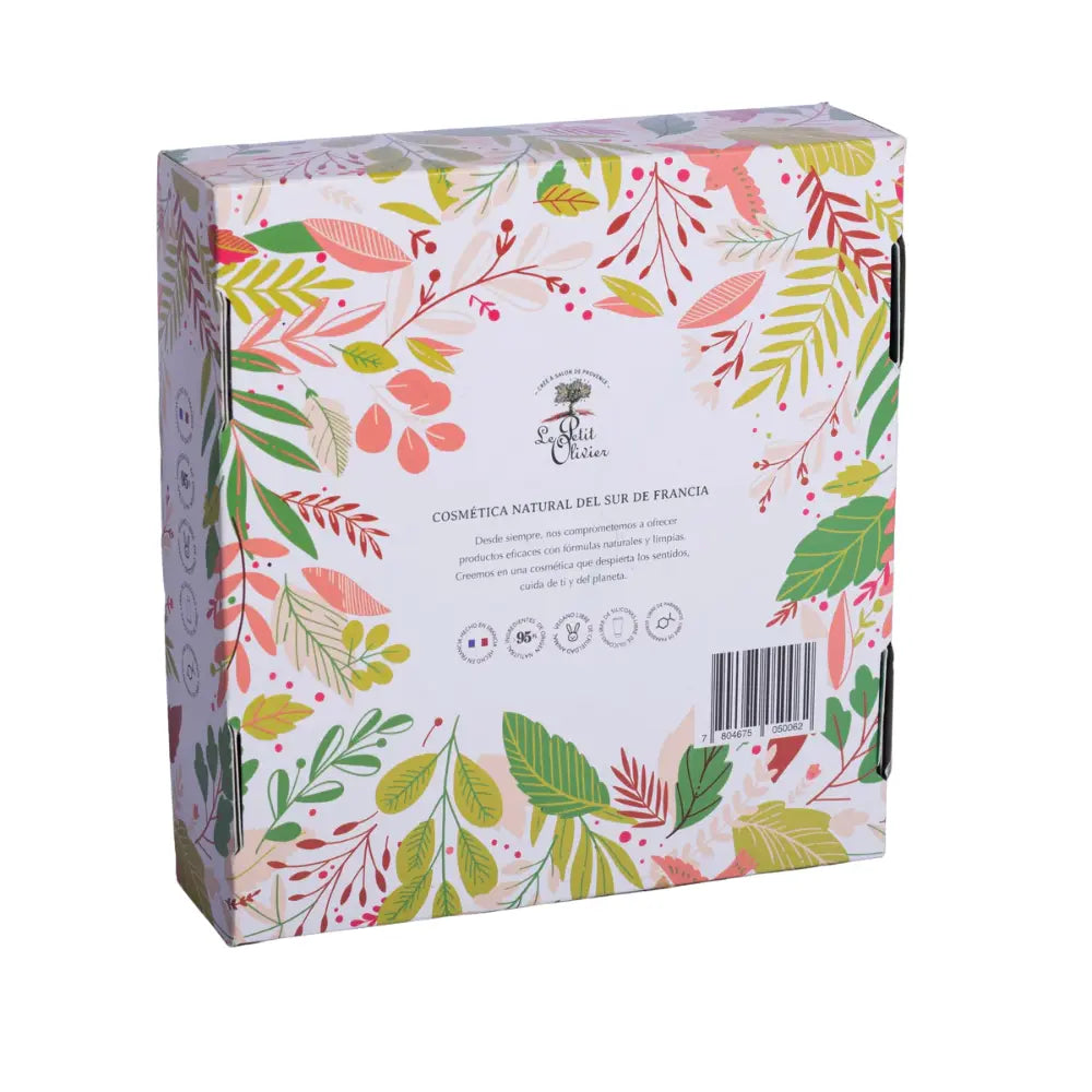 Vista trasera del estuche floral de regalo Le Petit Olivier con mensaje de cosmética natural del sur de Francia y certificaciones destacadas