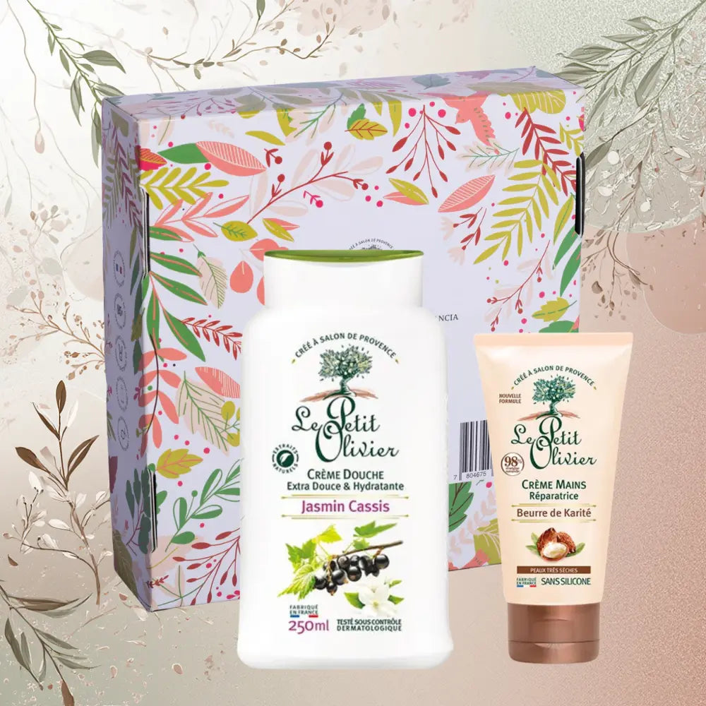 Set Le Petit Olivier con crema de ducha Jazmín-Cassis 250ml y crema de manos con karité, sobre caja floral decorativa