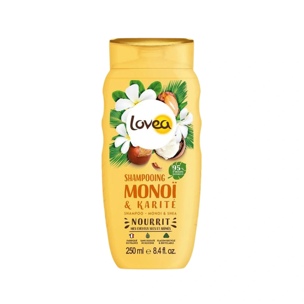 Shampoo Lovea Monoï y Karité 250ml para cabello seco y dañado, sin sulfatos ni siliconas, 95% origen natural.
