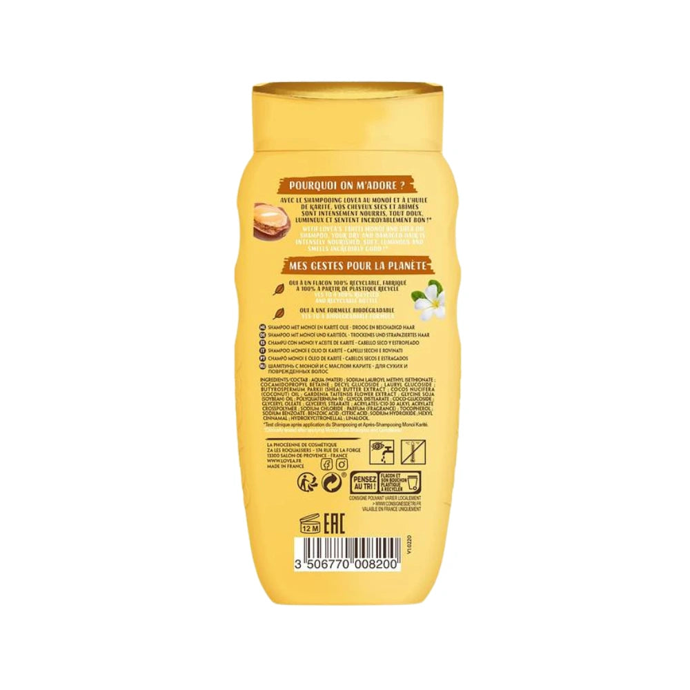 Reverso shampoo Lovea Monoï y Karité 250ml – fórmula biodegradable, frasco 100% reciclable, fabricado en Francia