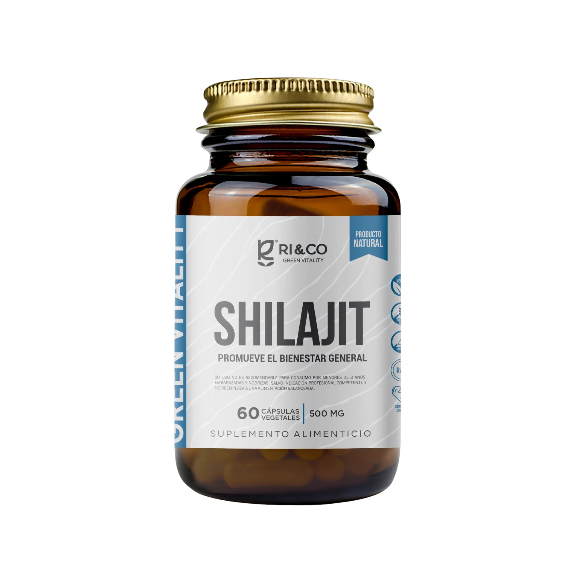 Frasco de Shilajit RI&CO con 60 cápsulas vegetales de 500 mg, suplemento natural para el bienestar general