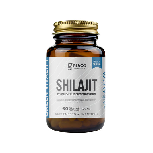 Frasco de Shilajit RI&CO con 60 cápsulas vegetales de 500 mg, suplemento natural para el bienestar general